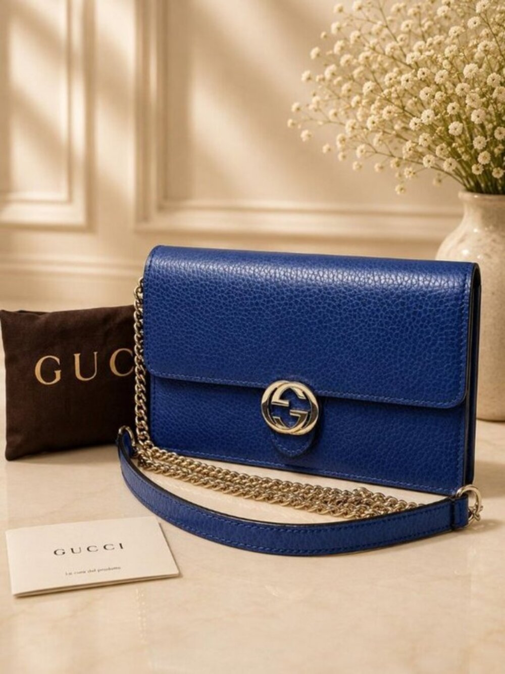 Authentic Gucci Interlocking GG Wallet On Chain Blue Leather WOC Crossbody